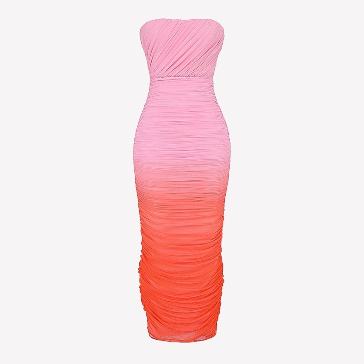 Product-only image of the Kouvr Fashion strapless ruched ombre dress in pink and orange on a white background.