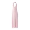 Flat product shot of a pink halter neck formal maxi dress with a v-neck, on a light grey background.
