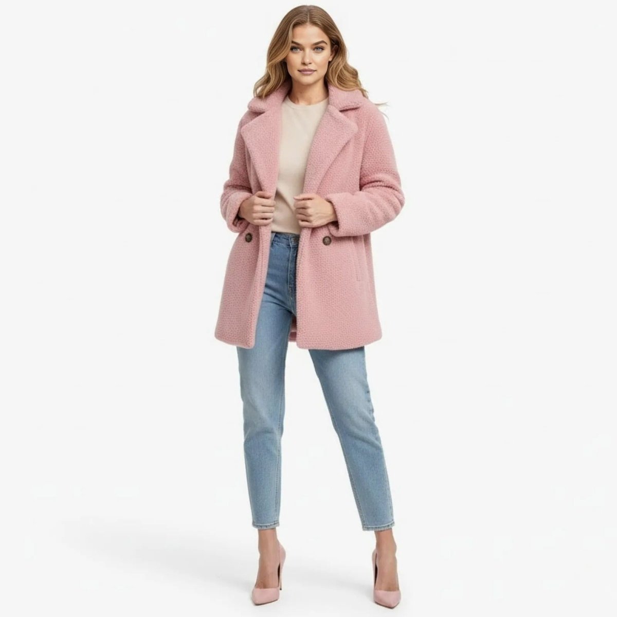 Model wearing the Kouvr Fashion pink double-breasted teddy coat with light wash jeans and a cream top, showcasing the full silhouette and plush texture.