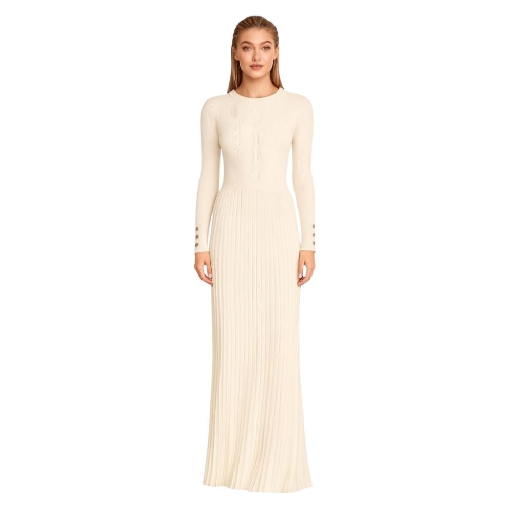 Pleated Knit Maxi Dress - Long Sleeve Ribbed Mock Neck Sweater Gown in Cream | A-Line Winter Formal & Casual Elegant Fit | Kouvr Fashion Pleated Knit Maxi Dress - Long Sleeve Ribbed Mock Neck Sweater Gown in Cream | A-Line Winter Formal & Casual Elegant Fit | Kouvr Fashion
