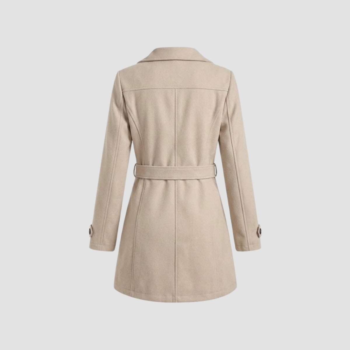 Flat lay studio shot of the back of a beige women's belted car coat showing the tailored construction and belt detail.