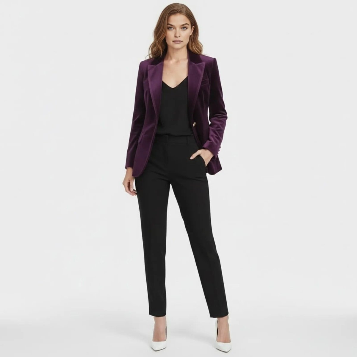A full-length view of a female model wearing the Kouvr Fashion purple velvet blazer styled with a black camisole, black trousers, and white heels.