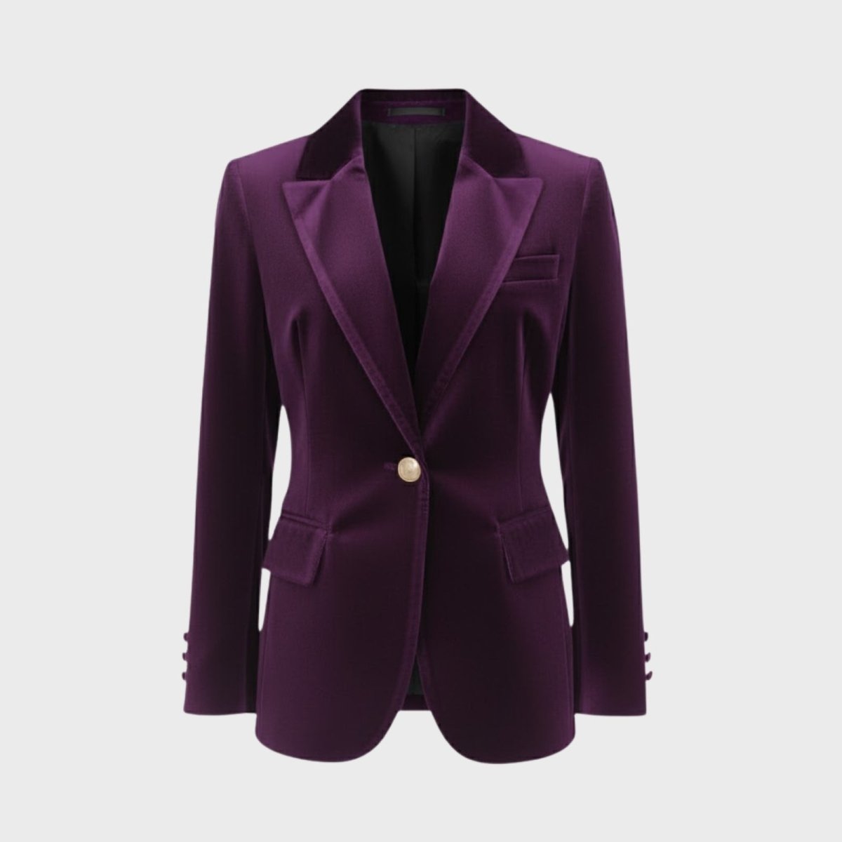 A flat product shot of the single-breasted purple velvet blazer, showing the satin lapel, gold button, and plush texture.