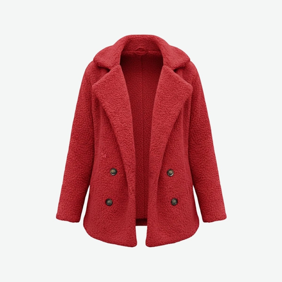 Product-only flatlay of the Kouvr Fashion red teddy coat, open to show the double-breasted button detail and plush sherpa texture.