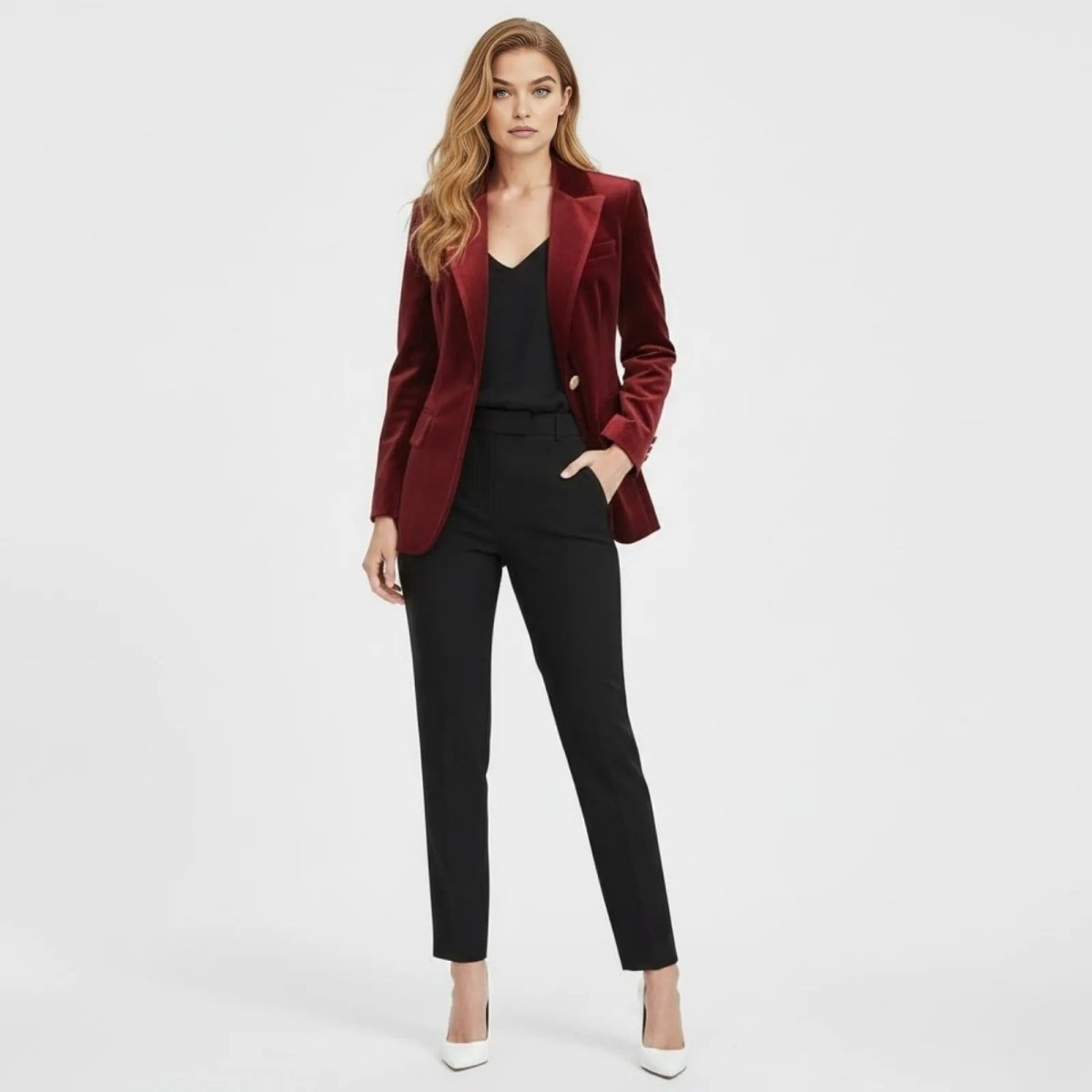 Model wearing the Kouvr Fashion women's red velvet blazer with black trousers, showing the tailored fit and single button closure.