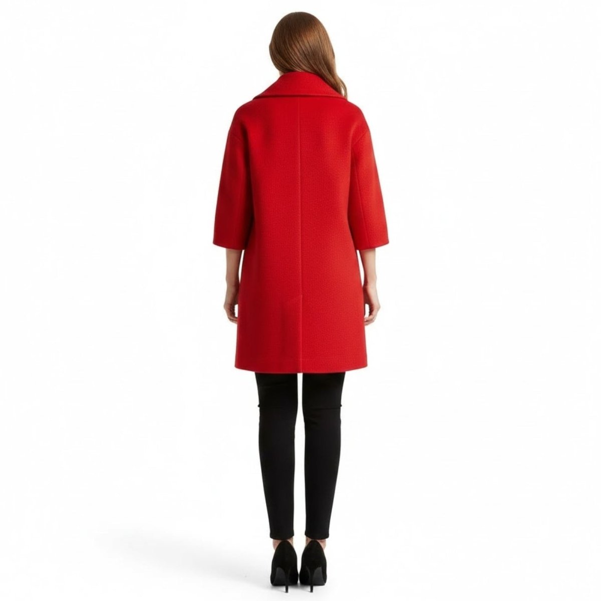 Back view of a woman wearing the red 3/4 sleeve knee-length coat by Kouvr Fashion.