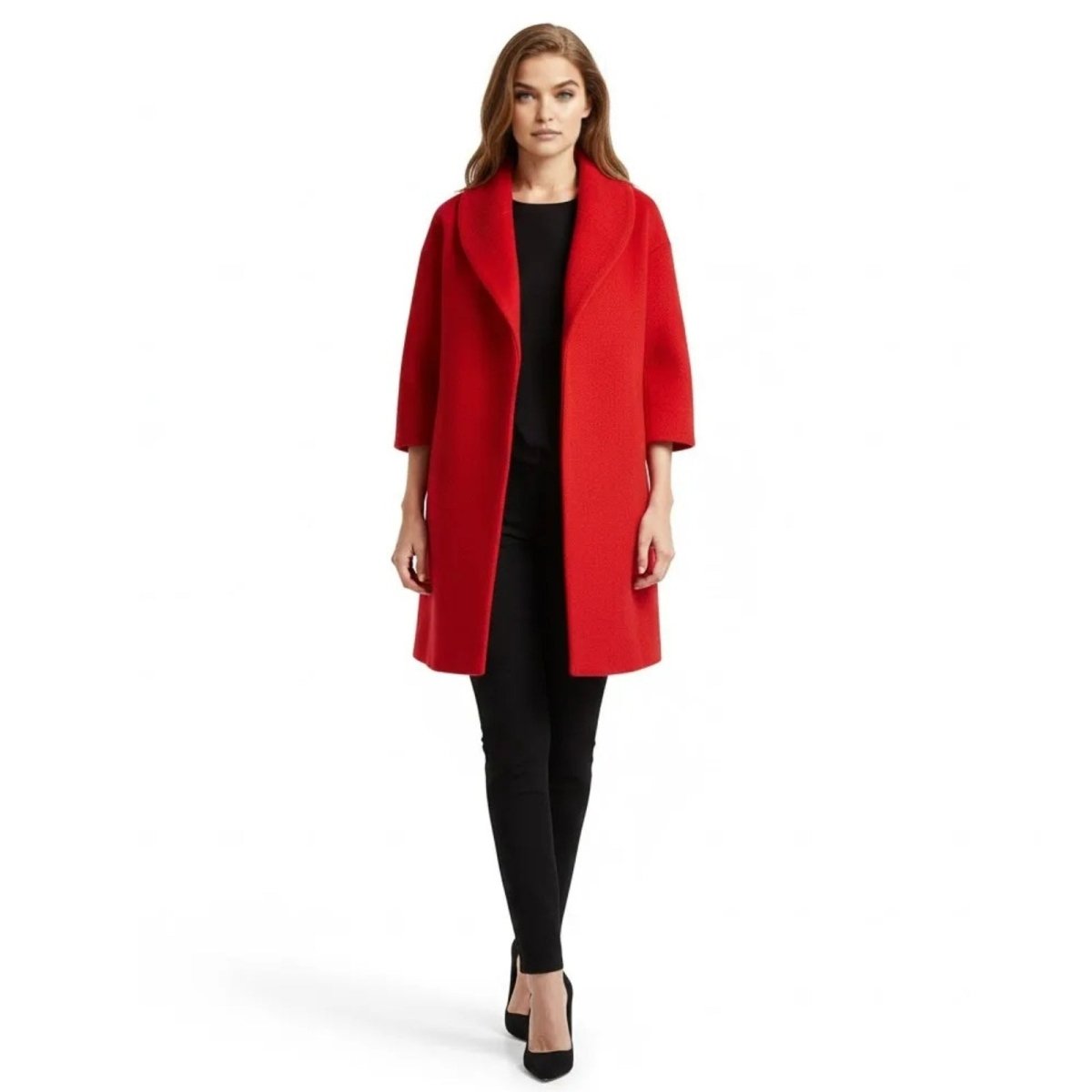 Woman wearing the Kouvr Fashion red wool-blend cocoon coat, styled with black pants and heels, facing forward.