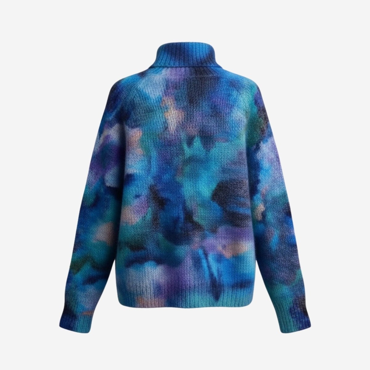 Product-only studio shot of the back of the Kouvr Fashion Regina mohair turtleneck sweater.