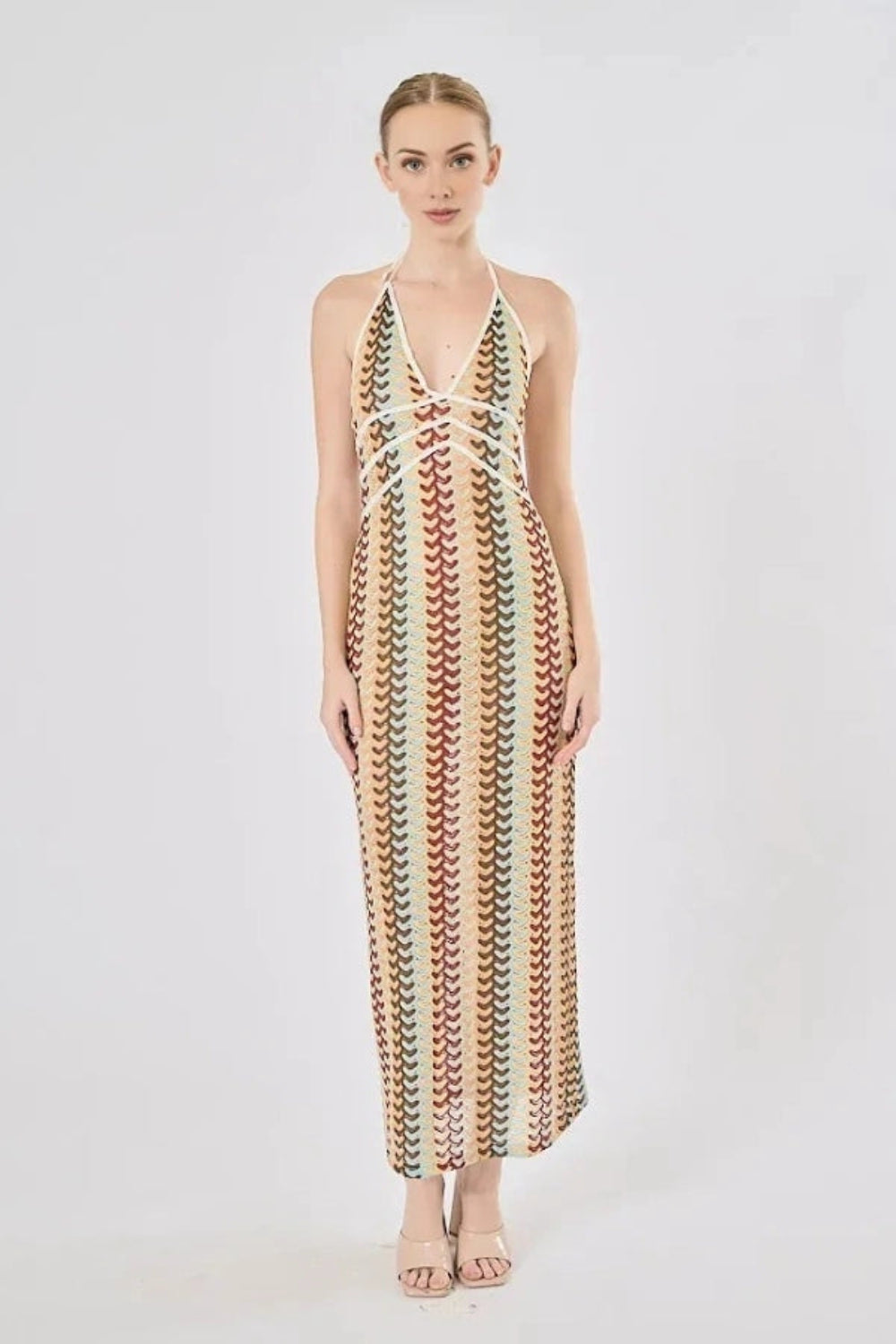 Halter Knit Maxi Dress in Retro Wave Print | 70s Style Open-Back Summer Gown for Women | Luxury Vacation & Resort Evening Wear | Kouvr Fashion Halter Knit Maxi Dress in Retro Wave Print | 70s Style Open-Back Summer Gown for Women | Luxury Vacation & Resort Evening Wear | Kouvr Fashion