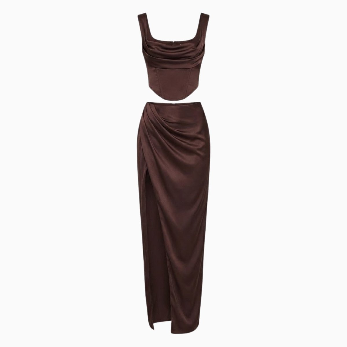 Flat lay of the Rona satin set in dark brown, displaying the front of the cowl neck corset top and draped high-slit maxi skirt.
