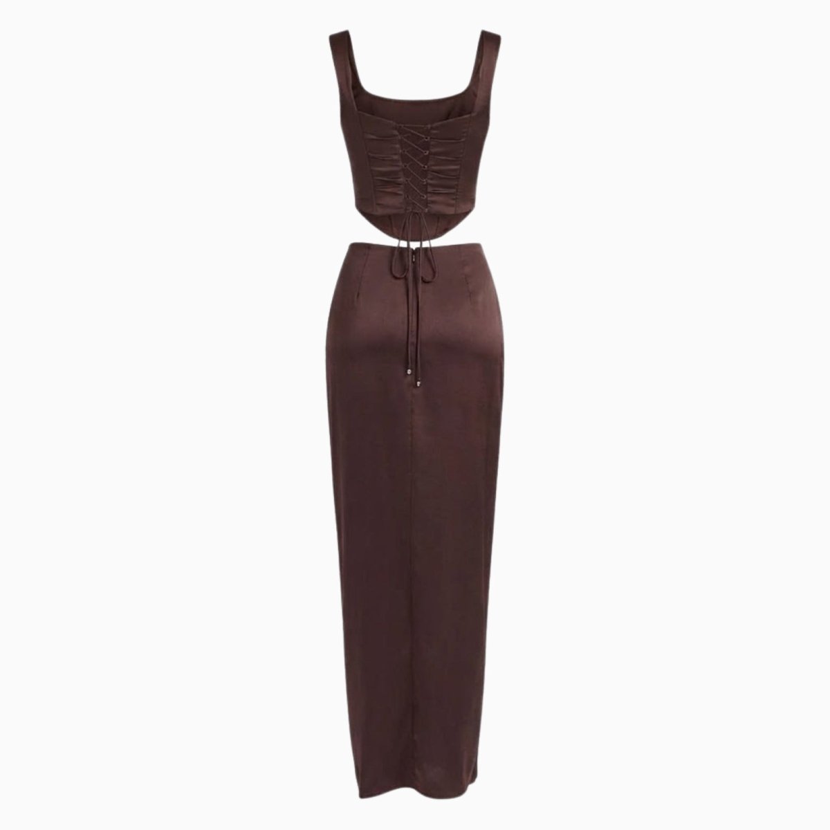 Flat lay of the Rona dark brown satin set, displaying the back of the top with its corset lacing and the simple back of the maxi skirt.