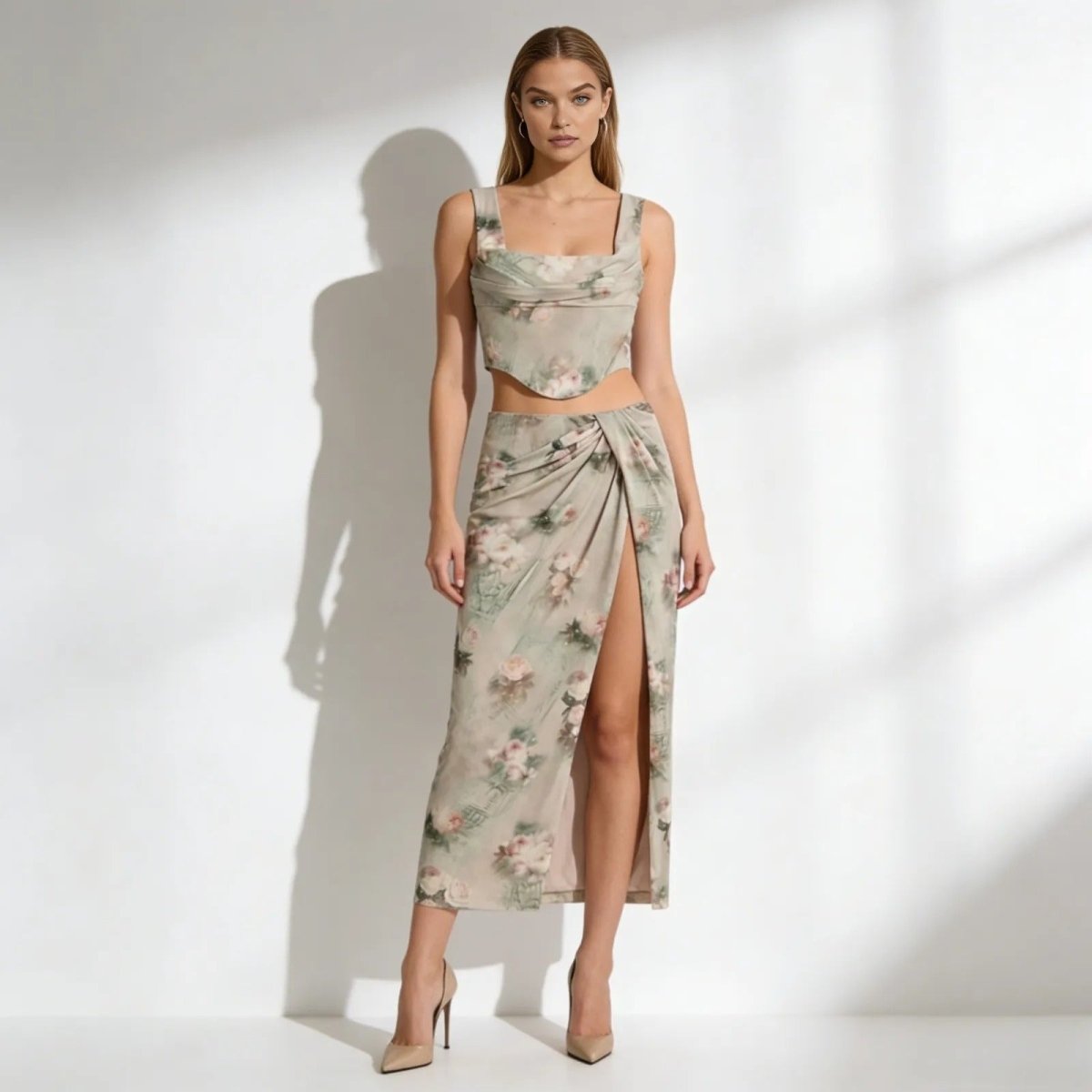 Model wearing the Kouvr Fashion Rona set in a sage green floral print, featuring a corset top and a high-slit draped maxi skirt.