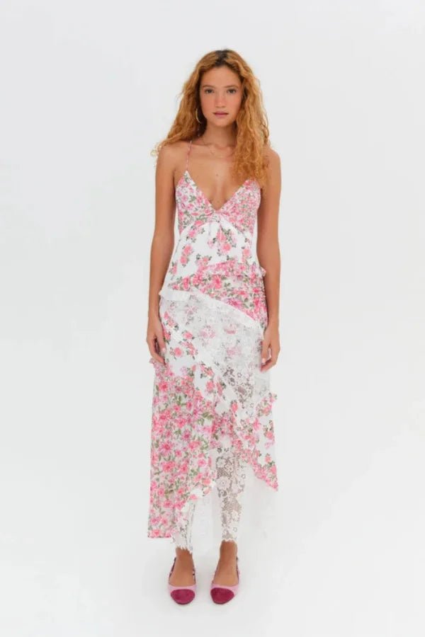 strapless open back dress Pink Floral Lace Slip Dress | Asymmetrical Ruffle Midi | Romantic V-Neck  Open Back | Summer Wedding Guest Garden Party Dress