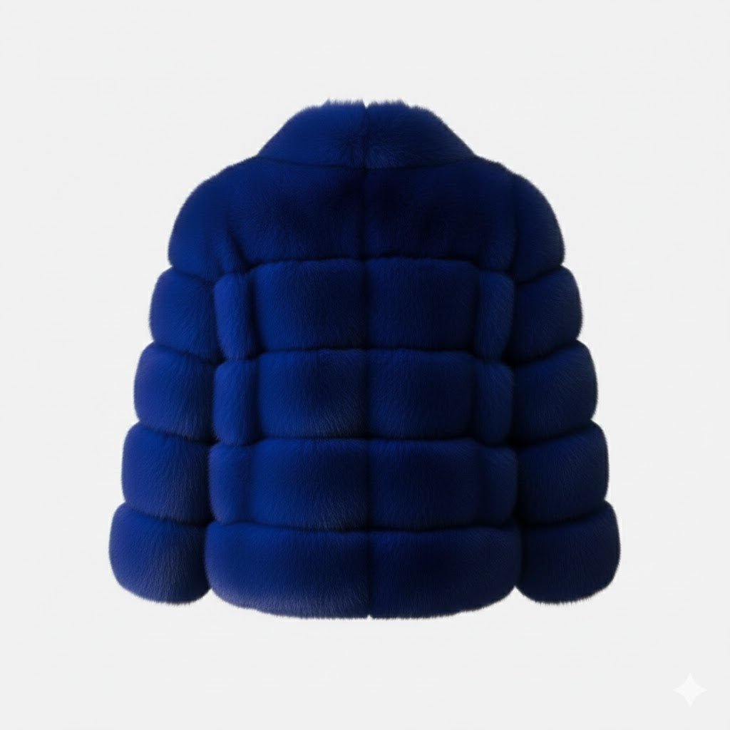 Back view of the Kouvr Fashion royal blue faux fur jacket showing the full panel design on a white background.