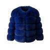 Front view of the Kouvr Fashion collarless royal blue faux fur jacket on a white background.