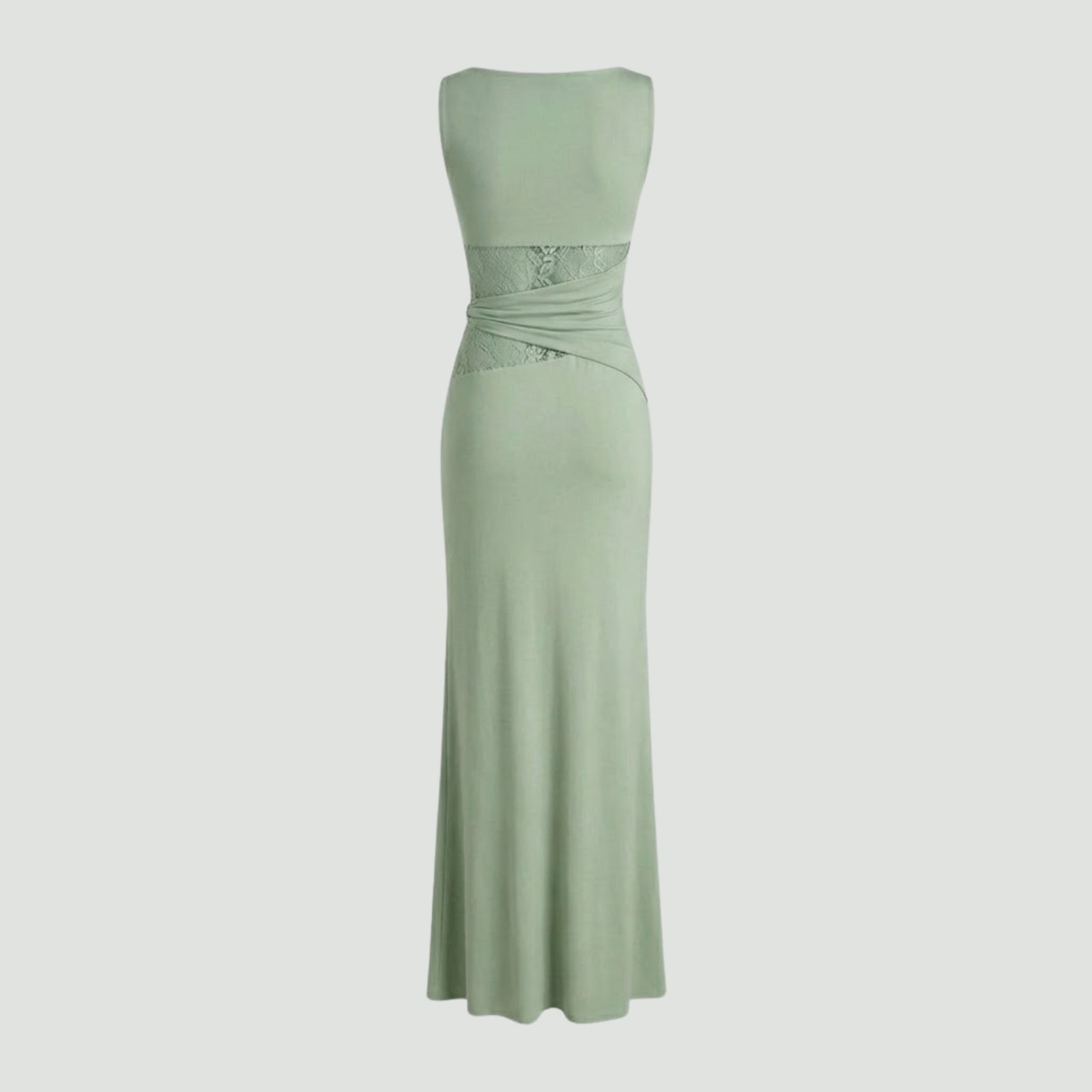 Product-only image of the Kouvr Fashion sage green lace insert maxi dress on a light background, back view.