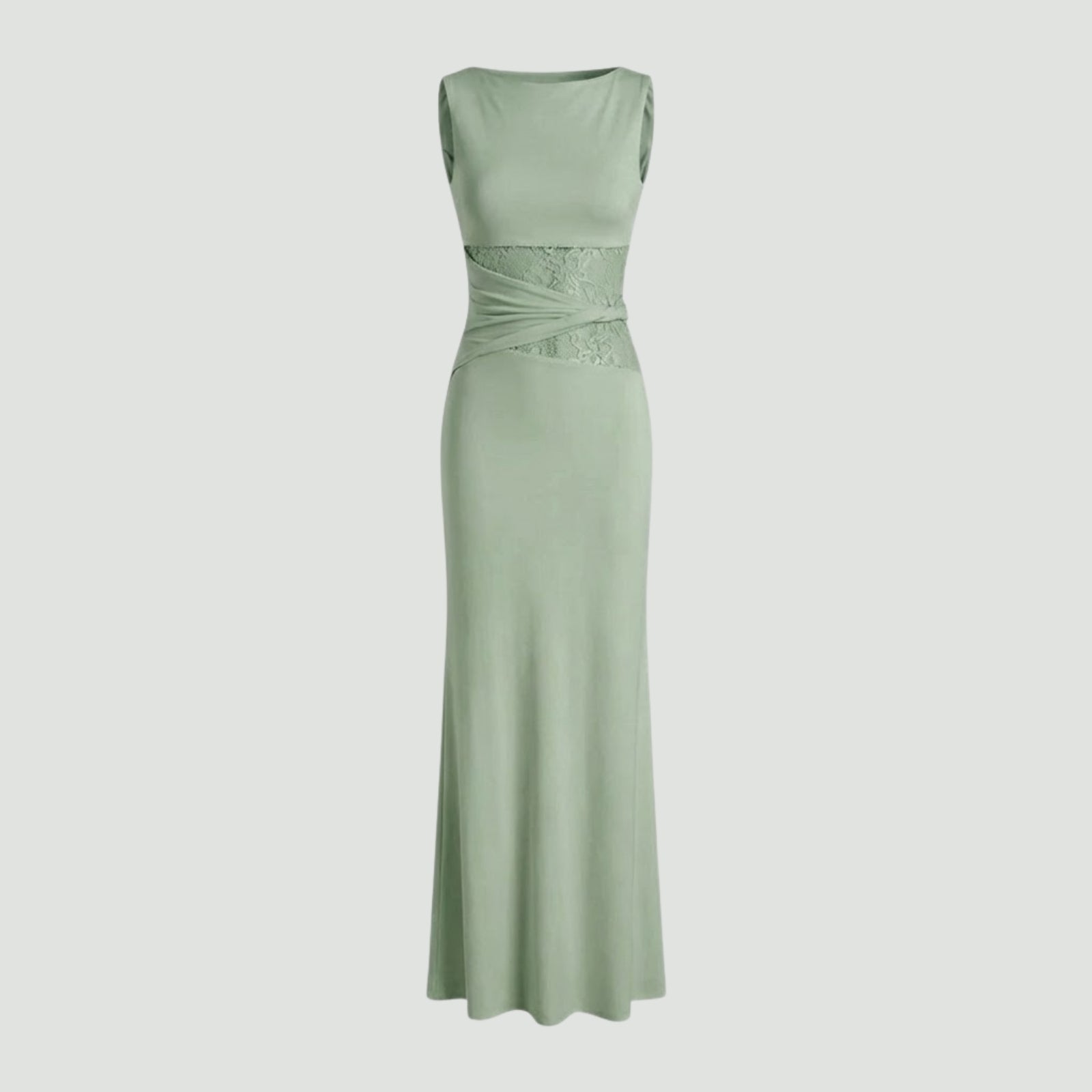 Product-only image of the Kouvr Fashion sage green lace insert maxi dress on a light background, front view.