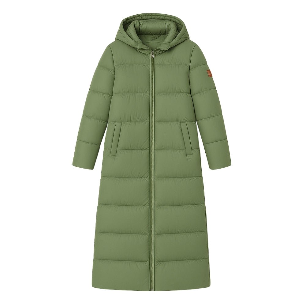 quilted outerwear," "thermal insulation," "cold weather essential," "winter parka," and "elegant down coat