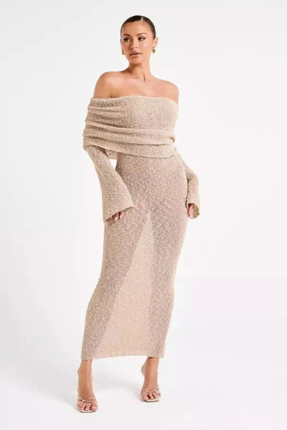 Beige Off Shoulder Knit Maxi Dress| Long Bell Sleeve Bardot Gown | Textured Slub Boucl Bodycon Evening Resort Wear | Kouvr Selah Gown Beige Off Shoulder Knit Maxi Dress| Long Bell Sleeve Bardot Gown | Textured Slub Boucl Bodycon Evening Resort Wear | Kouvr Selah Gown