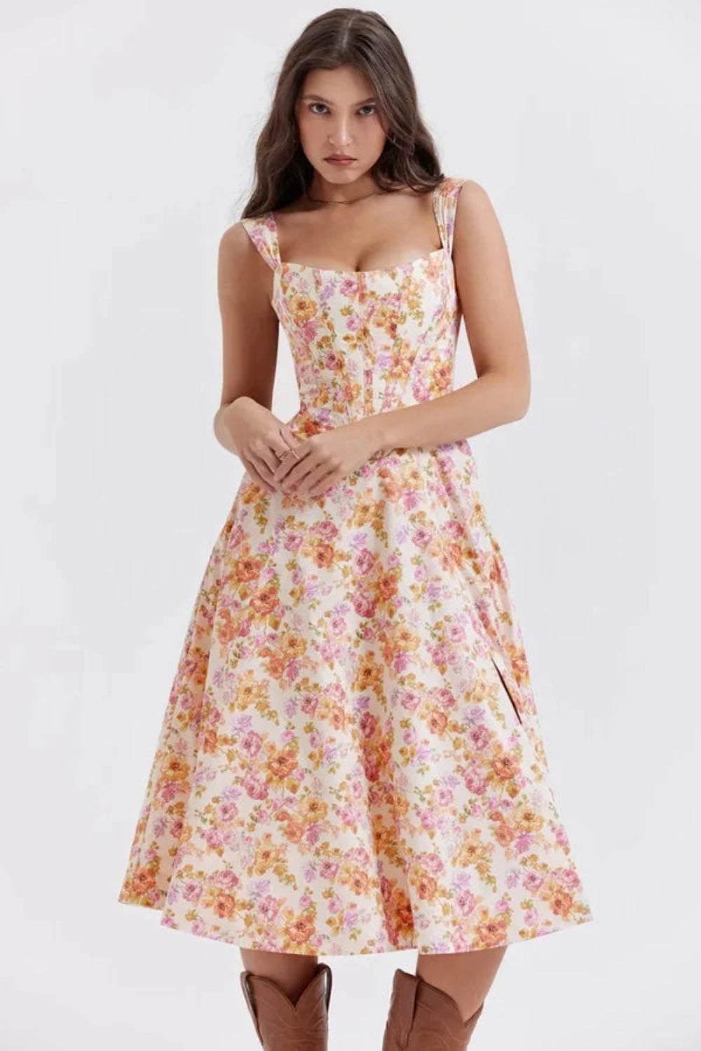 Women's Floral Corset Midi Dress | Square Neck Bustier Sundress with Leg Slit | Pink A-Line for Summer Wedding Guest | Cottagecore Style Kouvr Women's Floral Corset Midi Dress | Square Neck Bustier Sundress with Leg Slit | Pink A-Line for Summer Wedding Guest | Cottagecore Style Kouvr