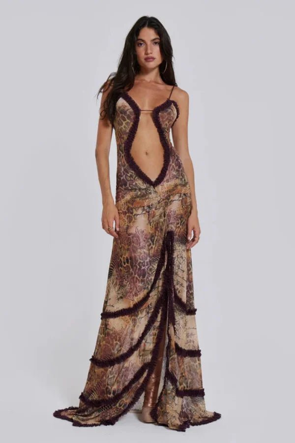 Naturally weave in semantic terms like "serpentine print," "keyhole gown," "sheer evening dress," "Y2K aesthetic," "ruffle trim," and "high slit dress