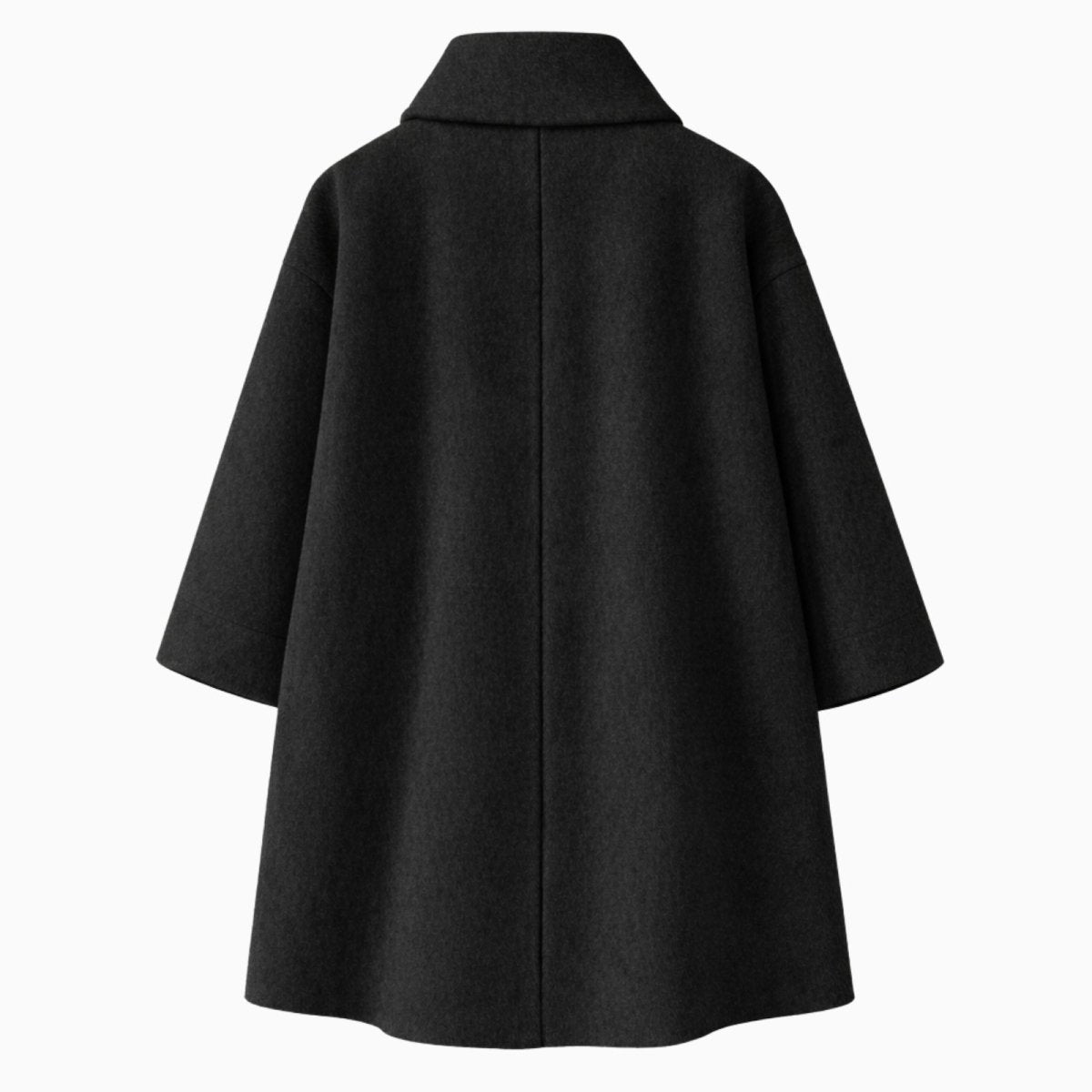 Flat lay of the back of the Kouvr Fashion black wool blend coat, detailing its clean construction and cocoon shape.