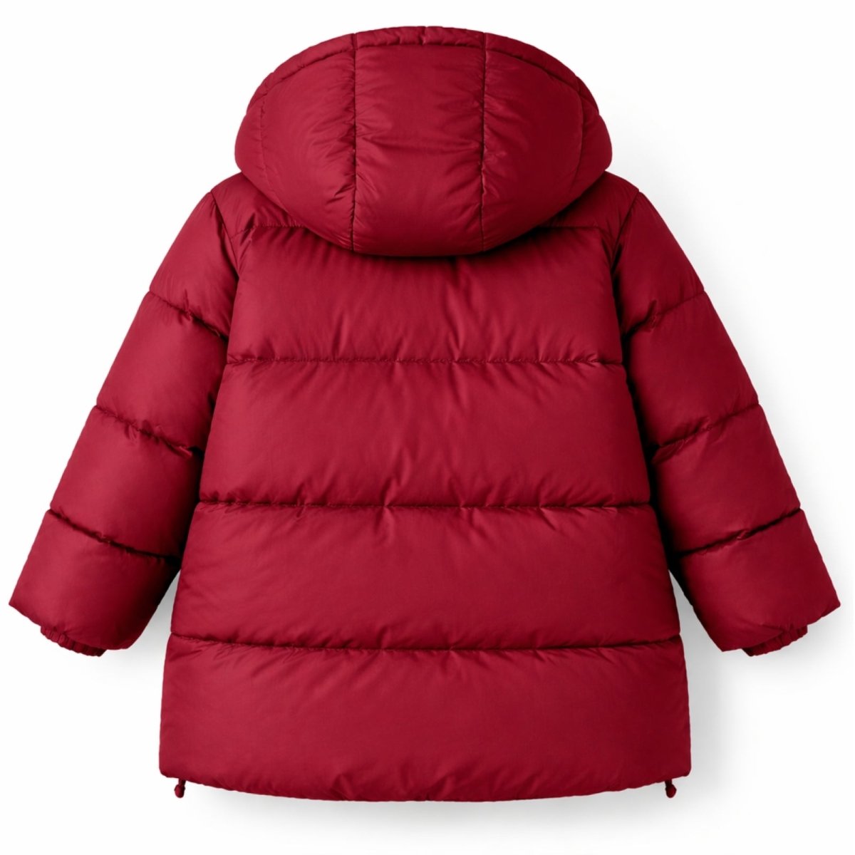 Top-down flat lay view of the back of the Kouvr Fashion Sheena puffer coat in burgundy highlighting the hooded and quilted construction.