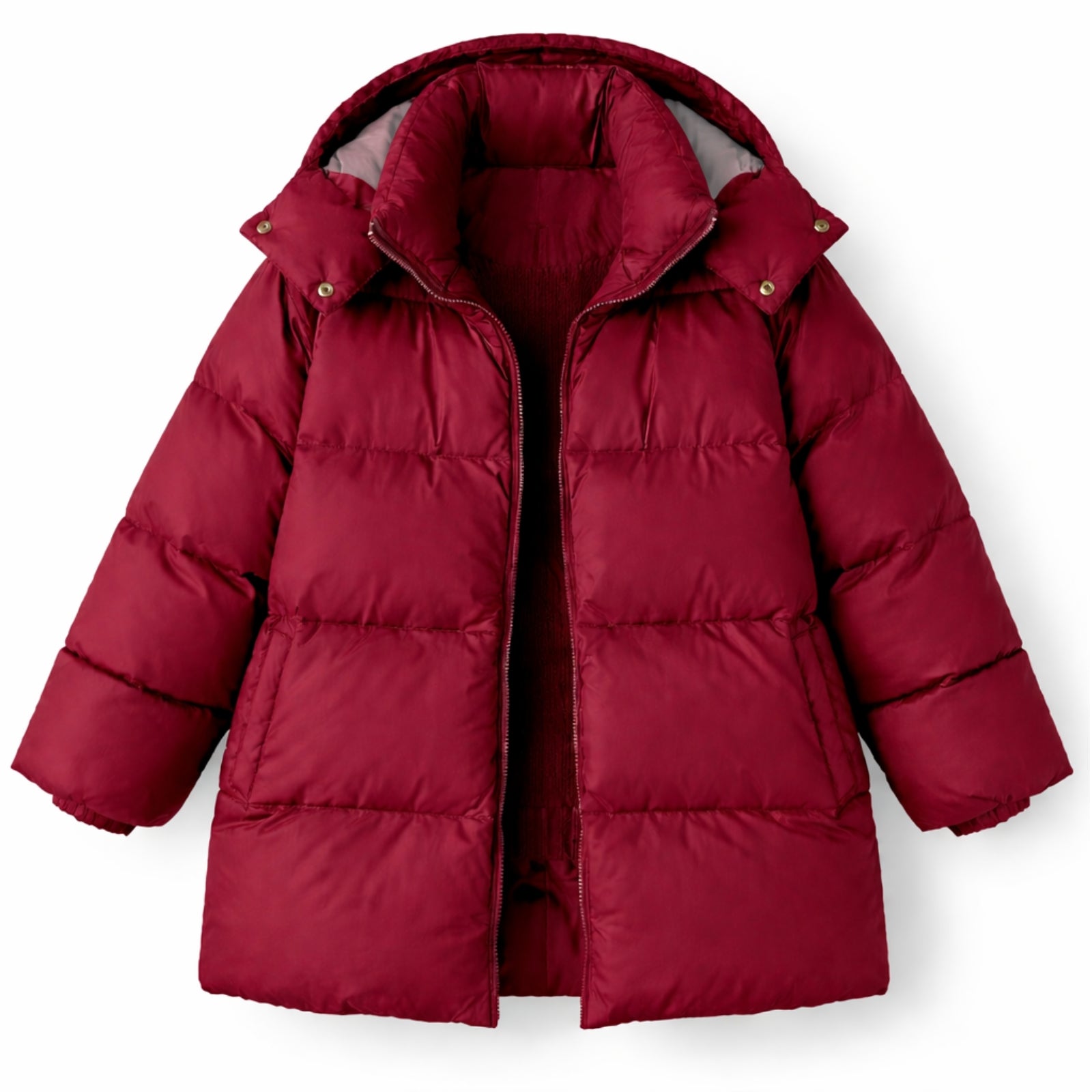 Flat lay photo of the burgundy Sheena puffer jacket, open to show the interior lining and full-zip front.