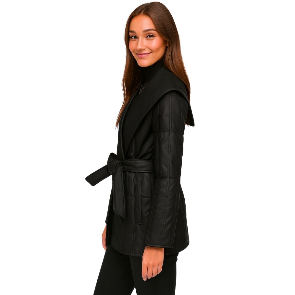 Woman wearing the Kouvr Fashion Sheila Wrap Coat in black, tied at the waist, shown from the side
