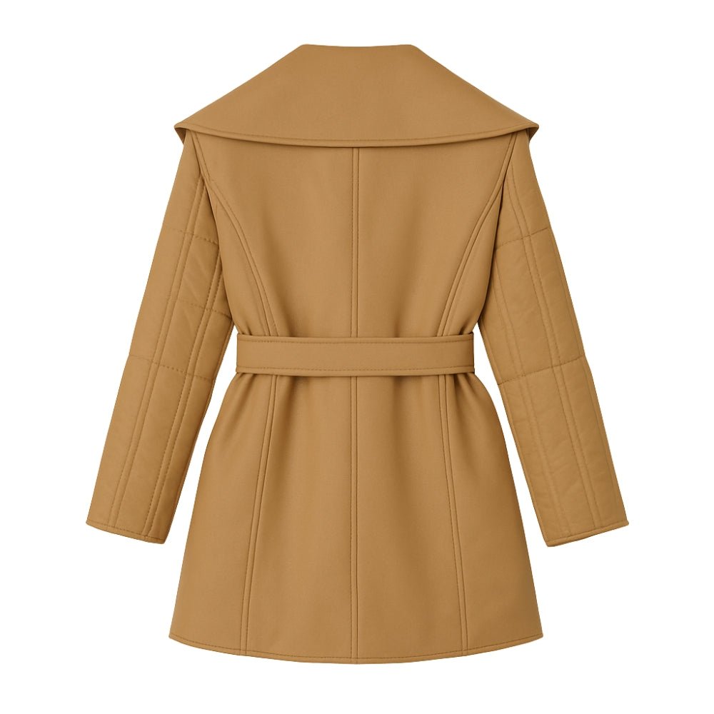 Woman wearing the Kouvr Fashion Sheila Wrap Coat in camel tan, tied at the waist, shown from the back zoom