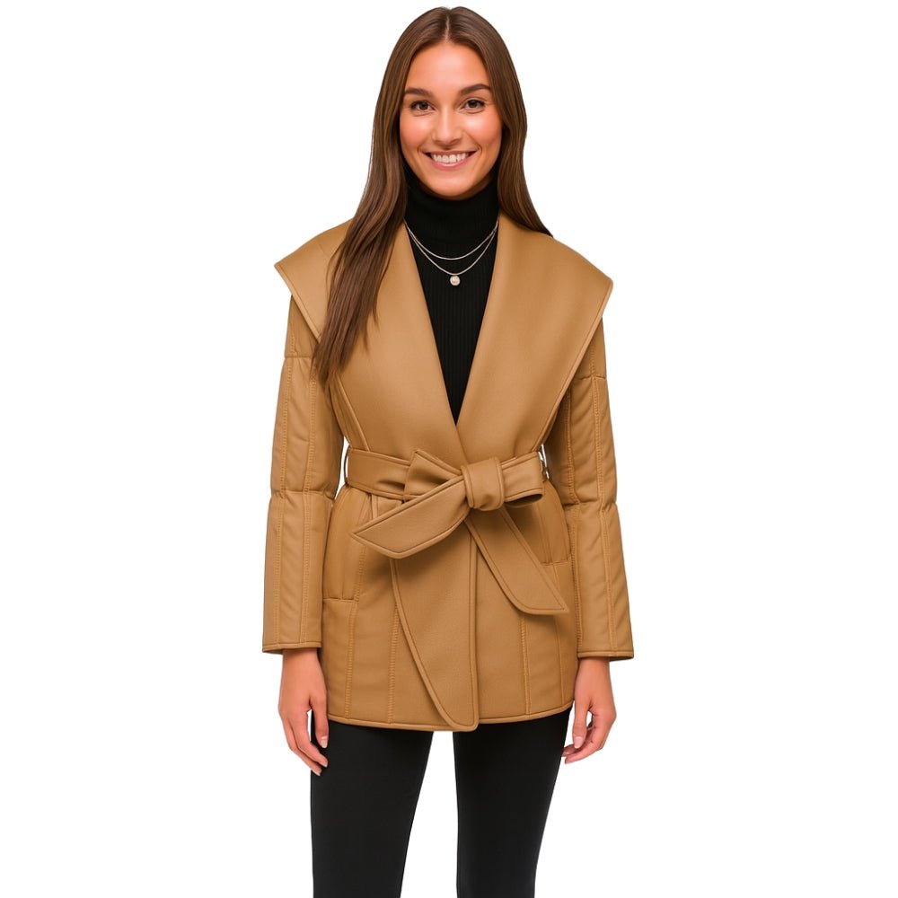 Camel Wrap Coat Belted Shawl Collar Jacket w/ Quilted Sleeves
