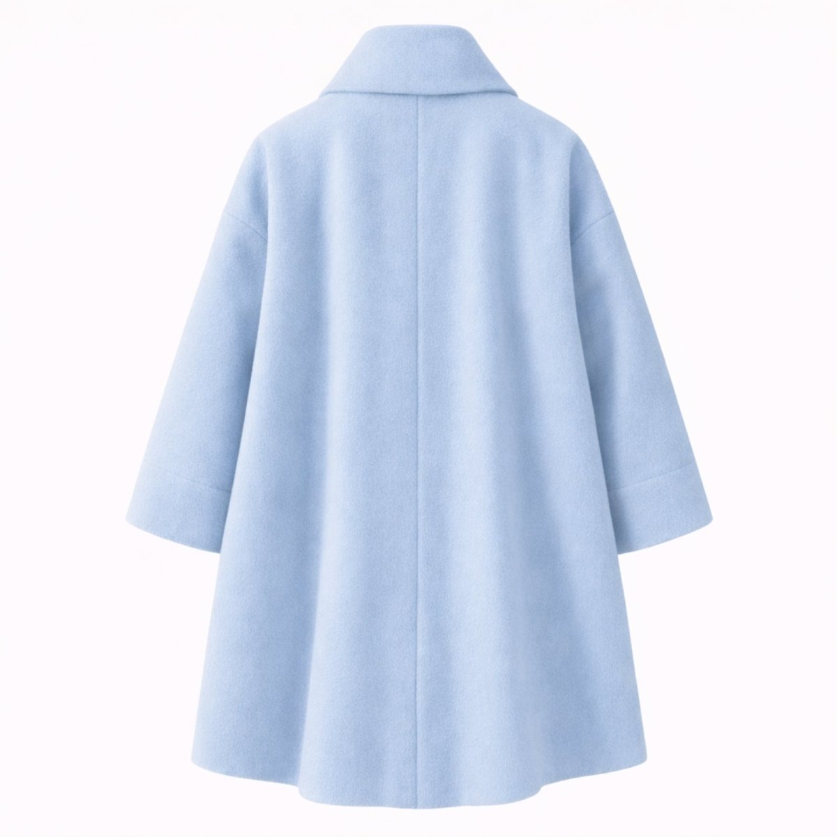 Flat lay of the back of the light blue cocoon coat, displaying the center seam and three-quarter sleeve construction.