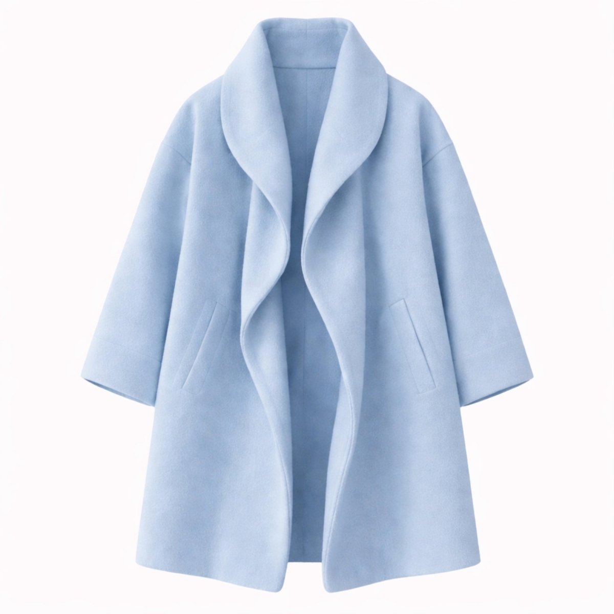Flat lay product shot of the sky blue wool blend coat, open to show the wide shawl collar and side slit pockets.