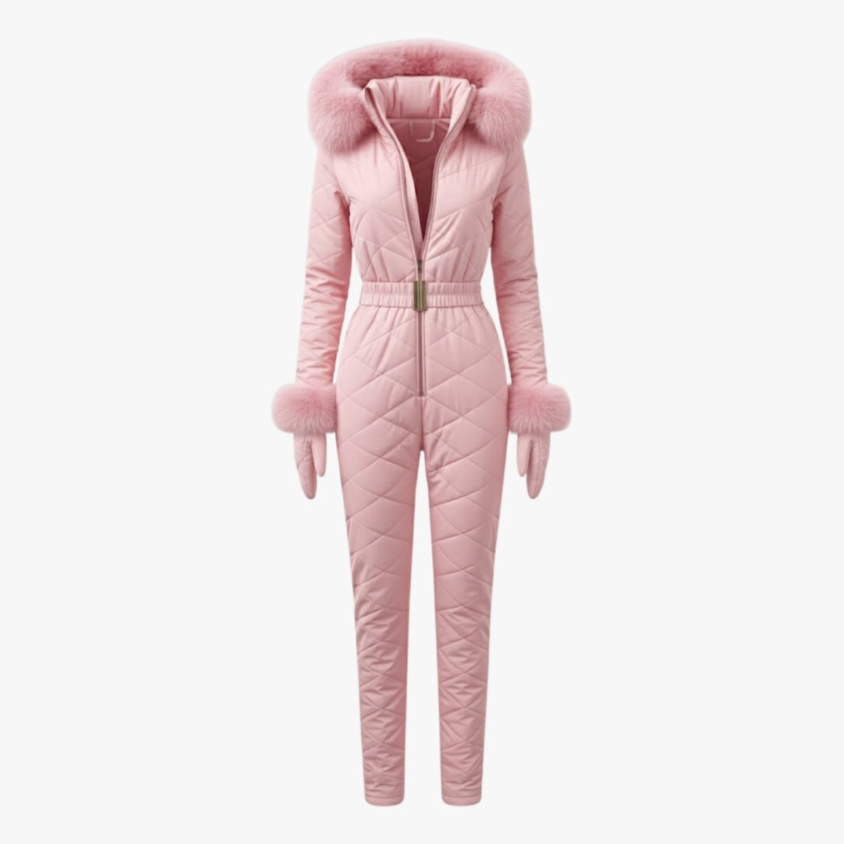 Product flatlay of the Kouvr Fashion pink ski suit and matching gloves, showing the full front design, zip, and belt details.