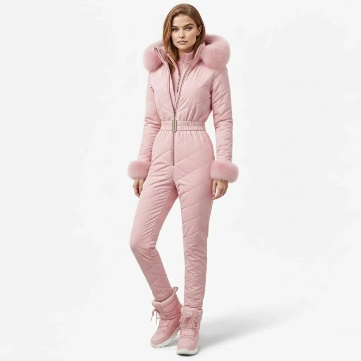 Model wearing the Kouvr Fashion Skyla pink quilted one-piece ski suit with a faux fur hood, standing forward against a white background.
