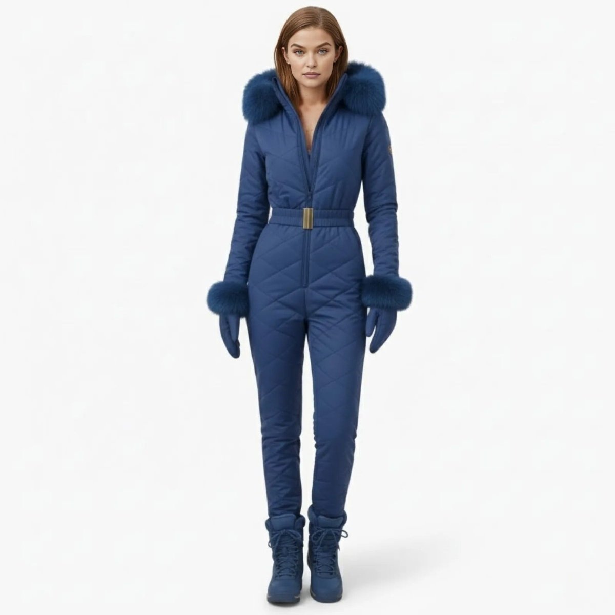 Model wearing Kouvr Fashion's blue quilted Skyla ski suit with a faux fur hood and matching gloves, viewed from the front against a white background.