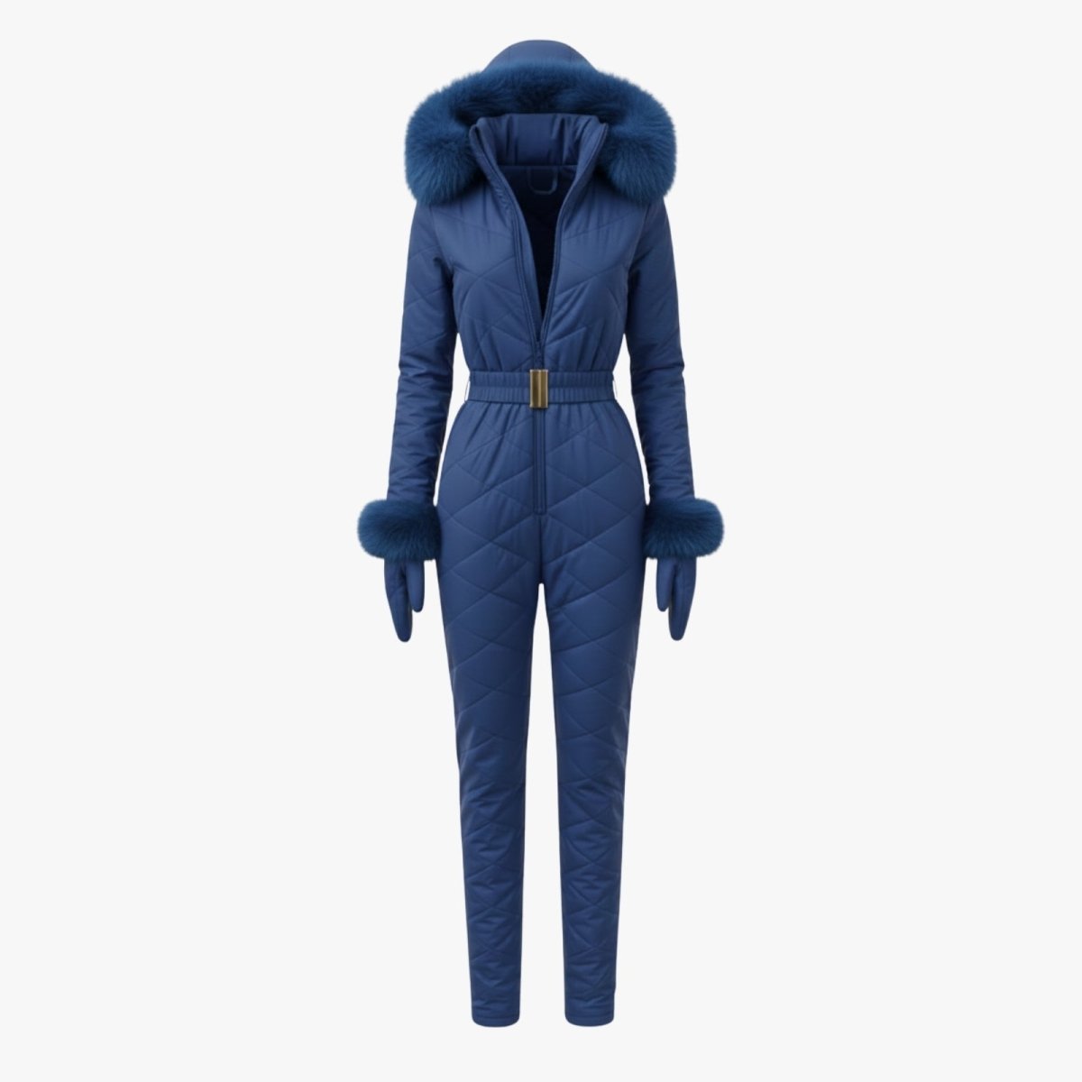Front product shot of the Kouvr Fashion blue quilted ski suit with faux fur trim, belt, and gloves laid flat on a white background.