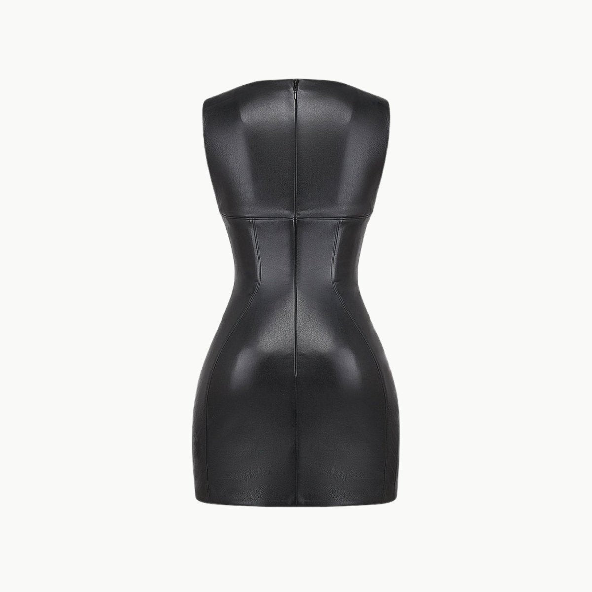 Back view of the Kouvr Fashion black faux leather dress on a white background, showing the central seam and concealed zipper line.