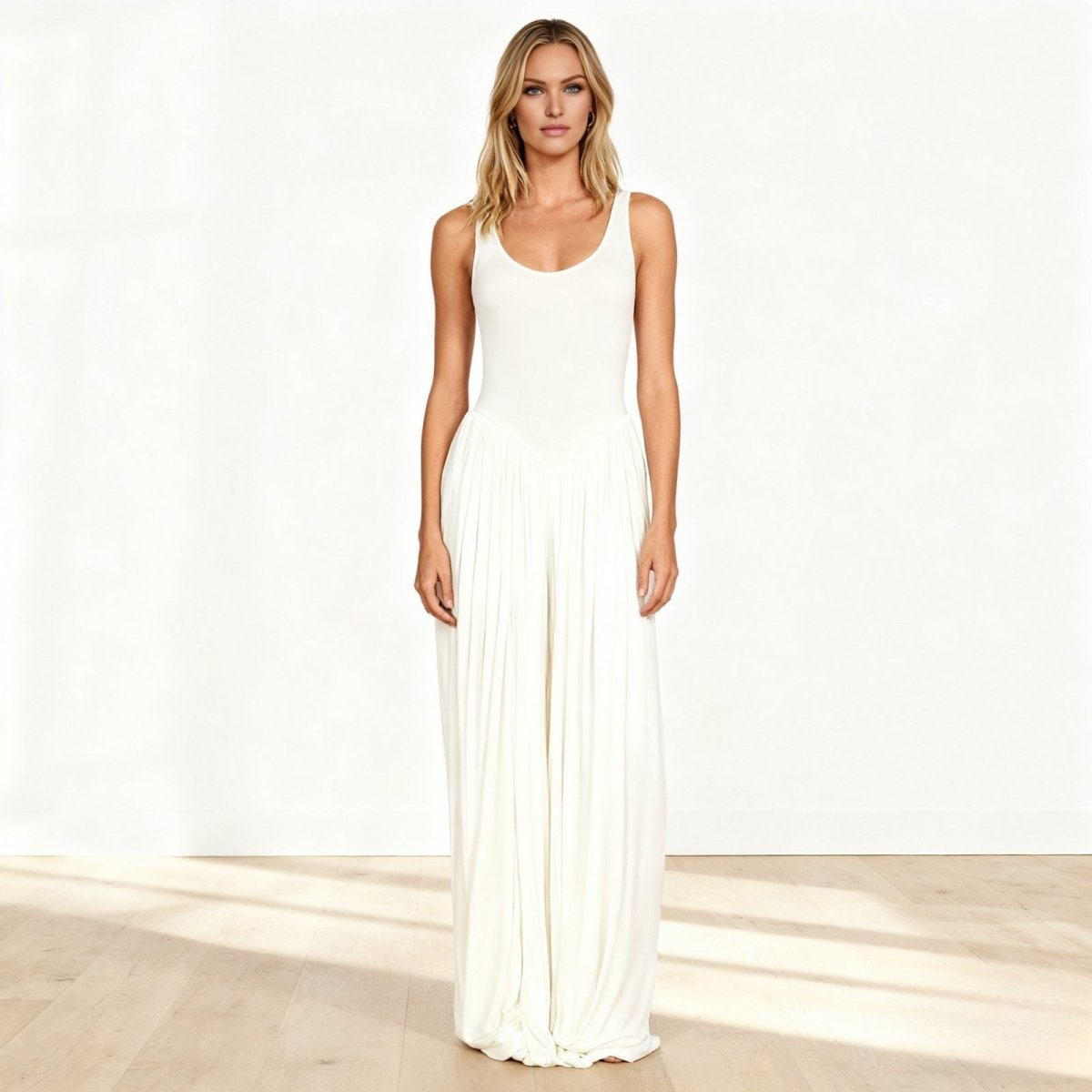 White Grecian Goddess Maxi Dress with High Slit | Draped Jersey Tank Gown for Summer Vacation & Bridal Events | The Oracle Dress by Kouvr Fashion White Grecian Goddess Maxi Dress with High Slit | Draped Jersey Tank Gown for Summer Vacation & Bridal Events | The Oracle Dress by Kouvr Fashion