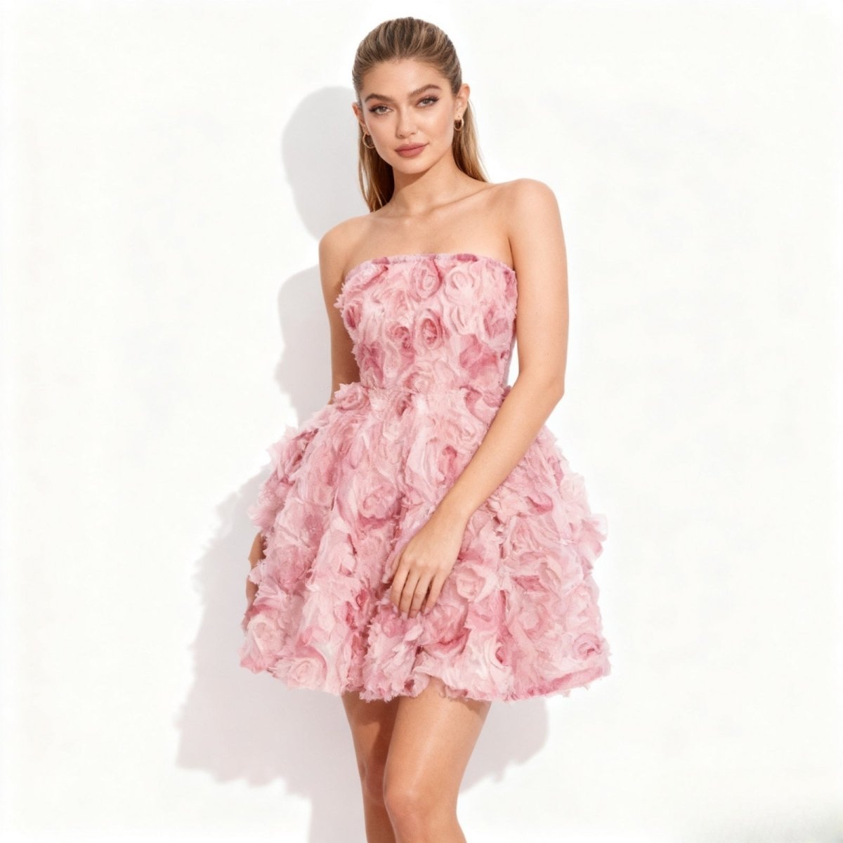 Pink Rosette Mini Dress Strapless 3D Floral Organza | Short A-Line Cocktail  Party Dress for Wedding Guest & Prom