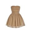 Product-only photo of the light tan strapless mini dress by Kouvr Fashion, showing the sweetheart neckline and ruched bodice detail from the front.