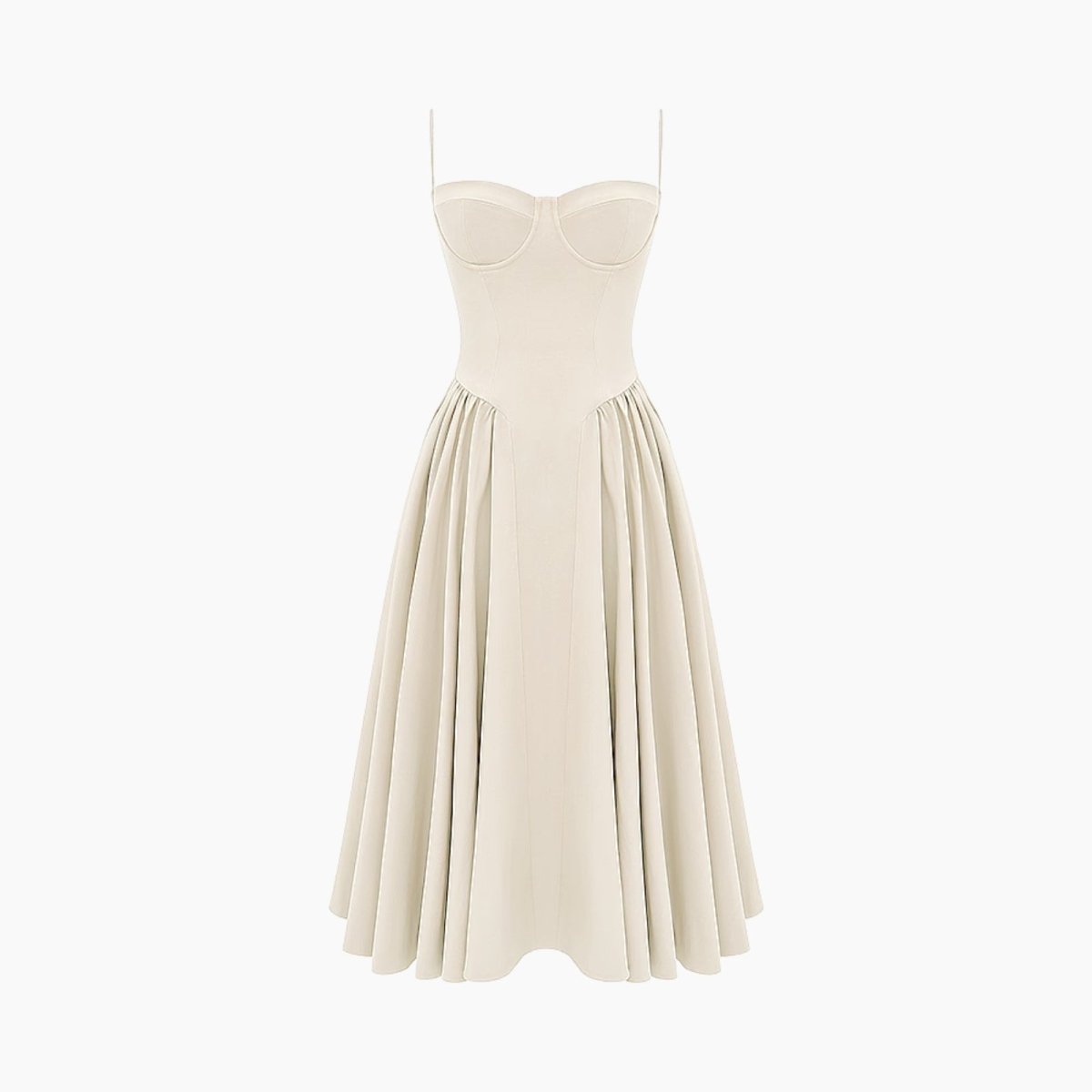 Product shot of the Kouvr Fashion ecru bustier midi dress on a white background, highlighting the structured bodice.