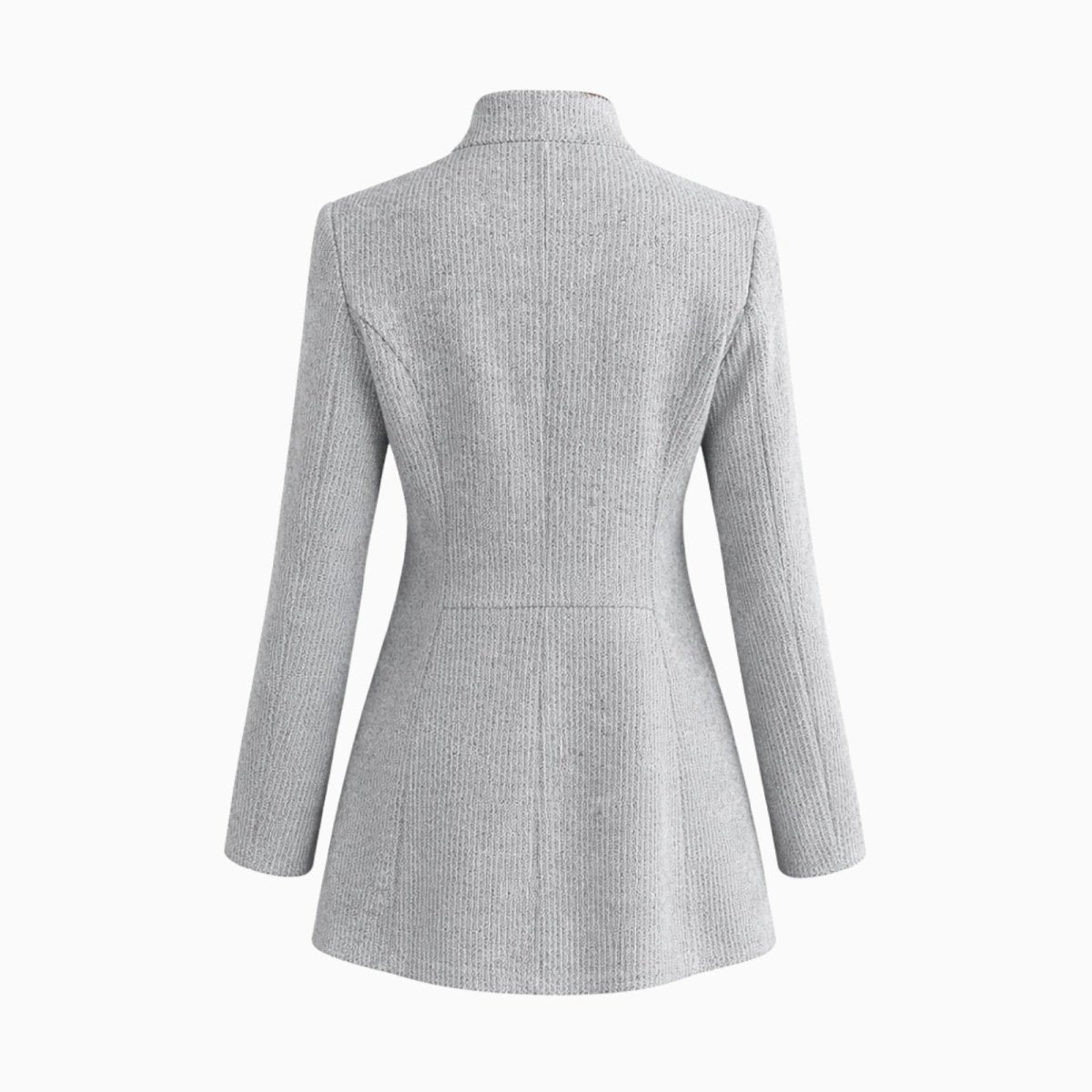 Flat lay of the back of the Kouvr Fashion light gray structured blazer, showing the clean lines and tailored construction.