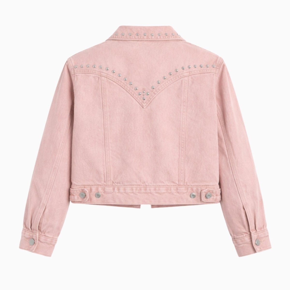 Flat lay product shot of the back of the Kouvr Fashion pink studded denim jacket, showing the full yoke design.