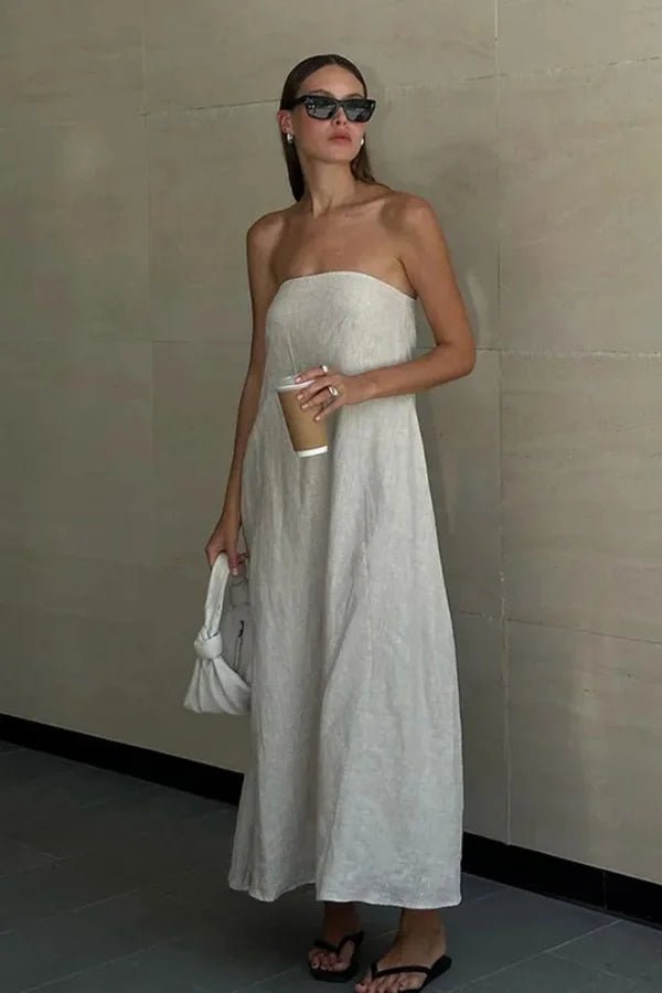 Khaki Strapless Linen Maxi Dress with Smocked Back | A-Line Summer Resort  Gown with Pockets | Minimalist Natural
