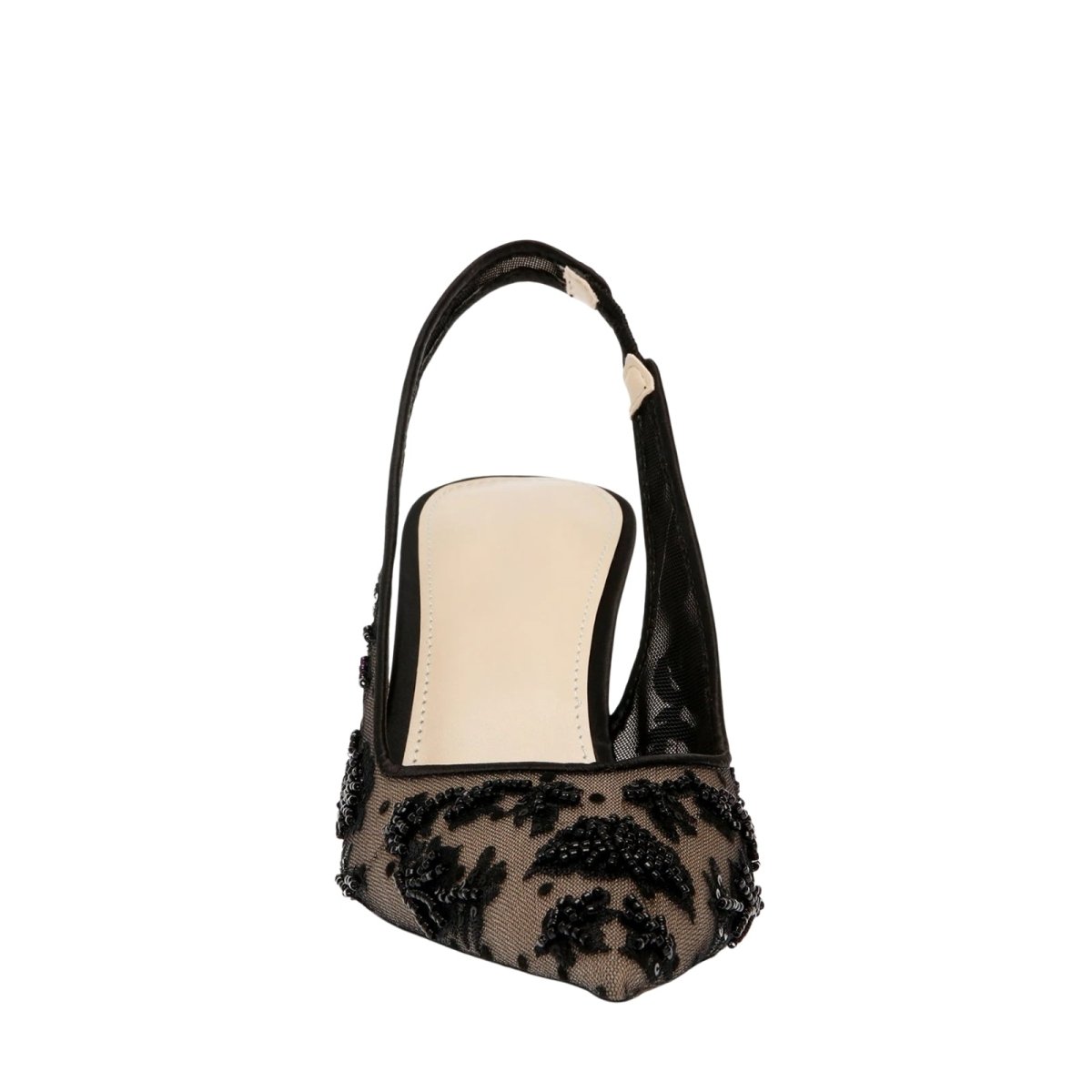 Black Kouvr lace high-heeled shoe on a white background