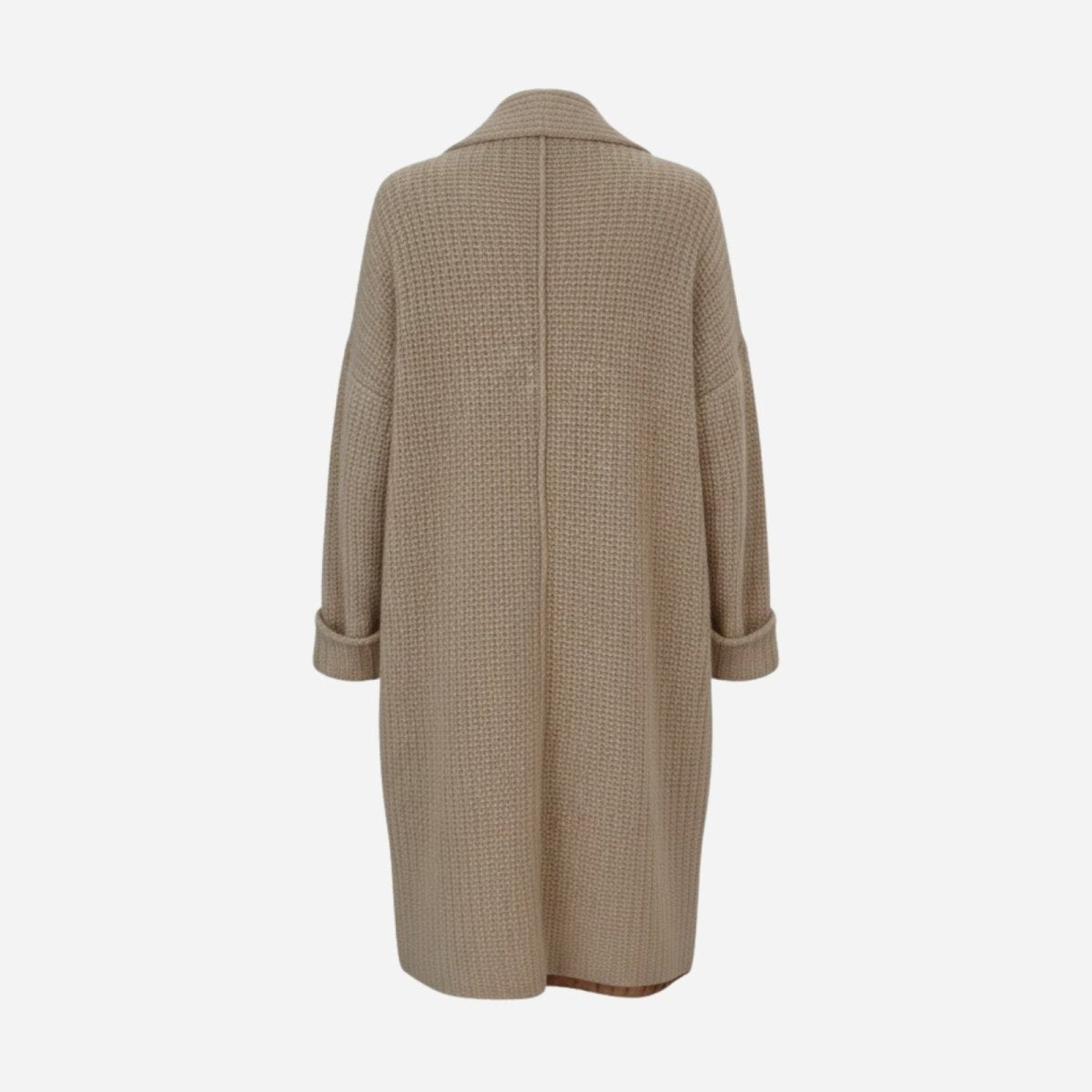 Back detail shot of the Kouvr Fashion oversized wool-blend sweater coat showing the textured waffle knit and collar construction.