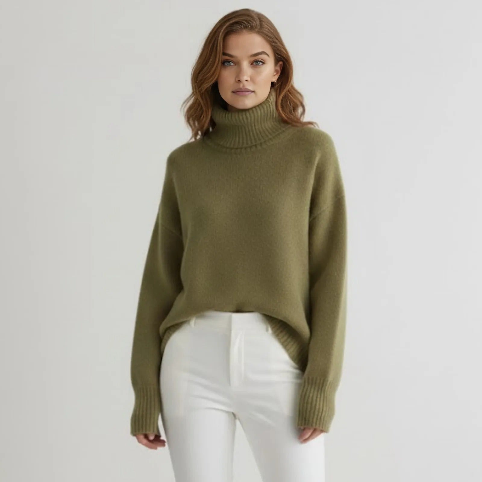 Model wearing the Kouvr Fashion Gloria Oversized Cashmere Turtleneck in khaki, styled with high-waisted white trousers.