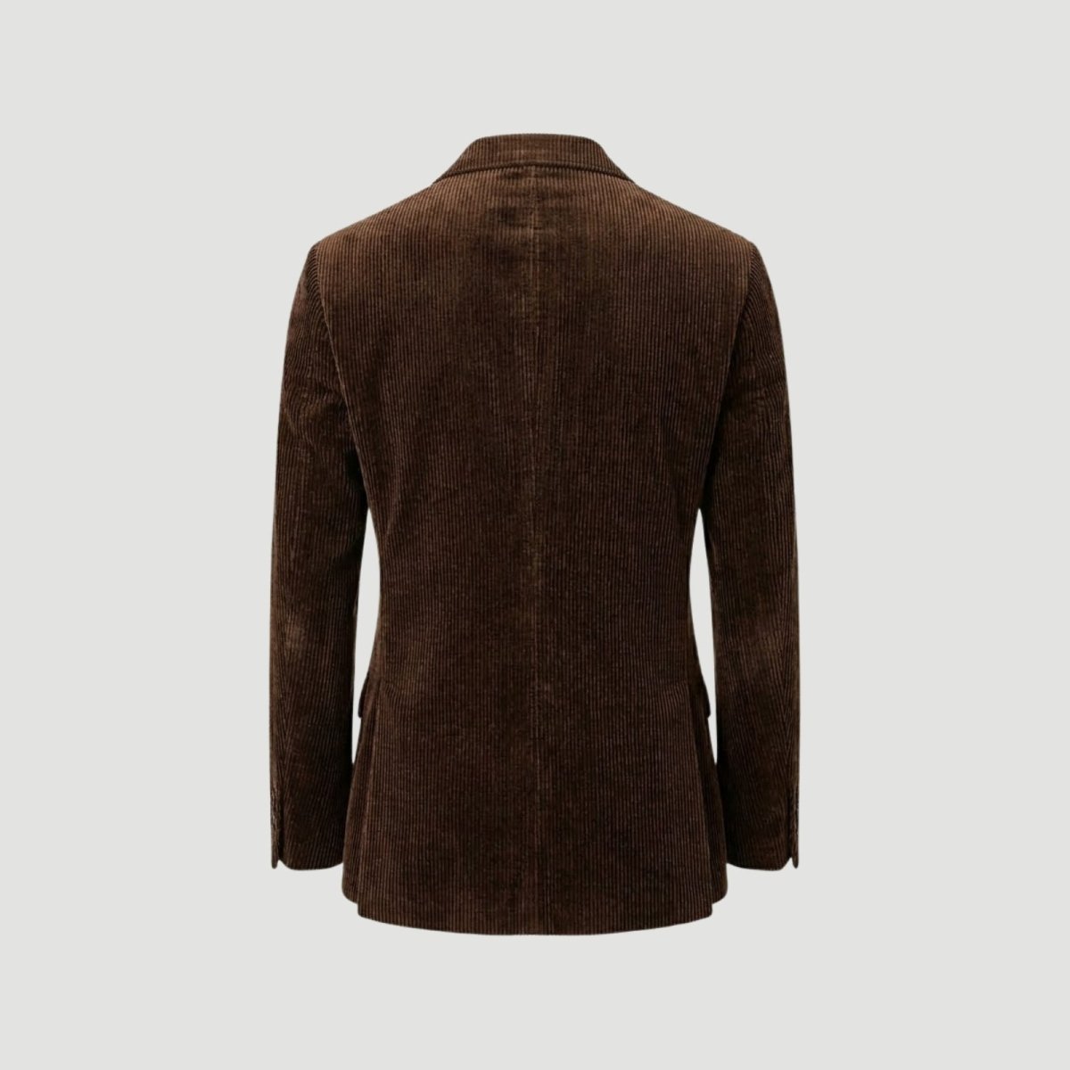 Back view of the Kouvr Fashion brown corduroy men's sport coat on a grey background, displaying the tailored construction.
