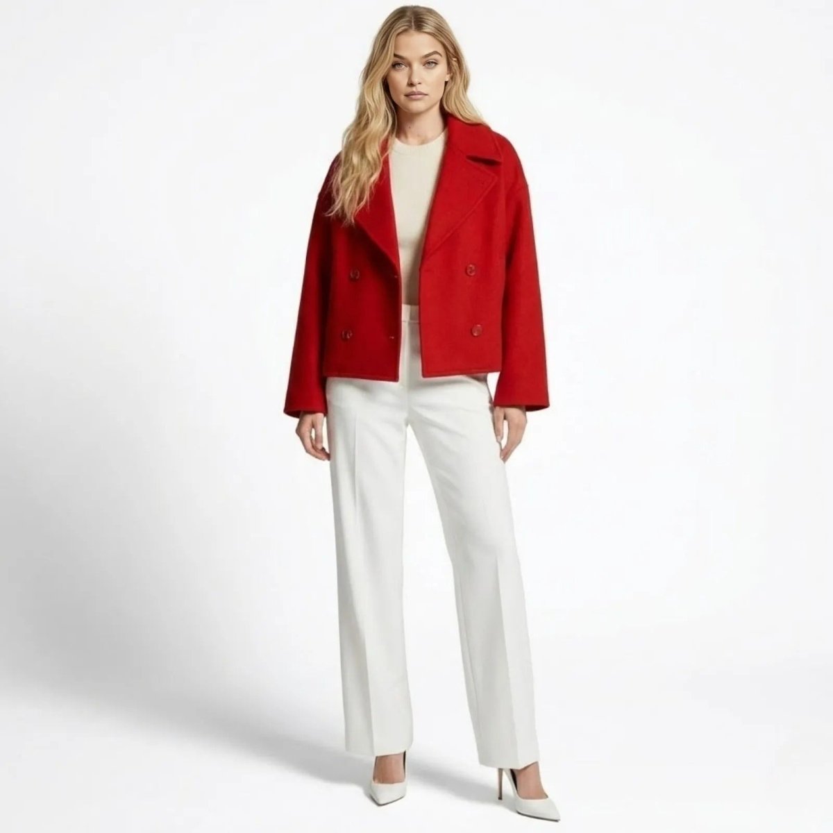 Model wearing the Kouvr Fashion katherine cropped double-breasted jacket in vibrant red, styled with white wide-leg trousers and a cream top.
